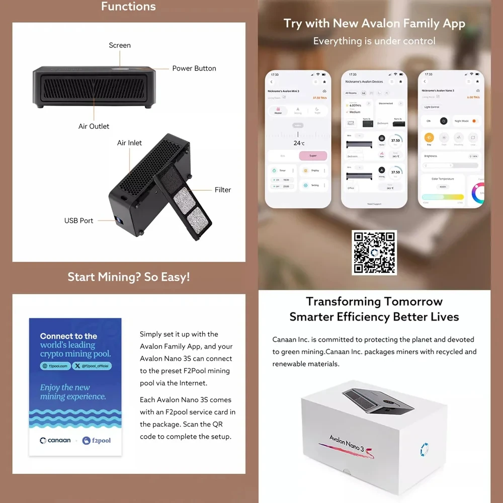 New Canaan Avalon Nano 3S 6Th/s 140W BTC Miner Bitcoin Miner ホワイト/ブラック ホーム オフィス ヒーター PSU 付き