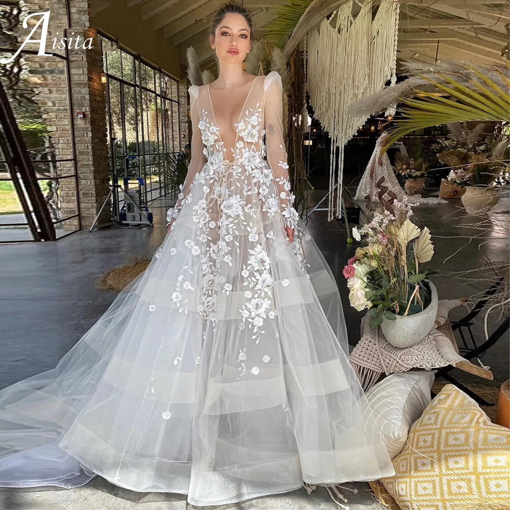 Handmade Flower Embroidery customized Wedding Dress Full Body Flowers Ball Gown Wedding Dresses Long Sleeves Vestidos De Novia