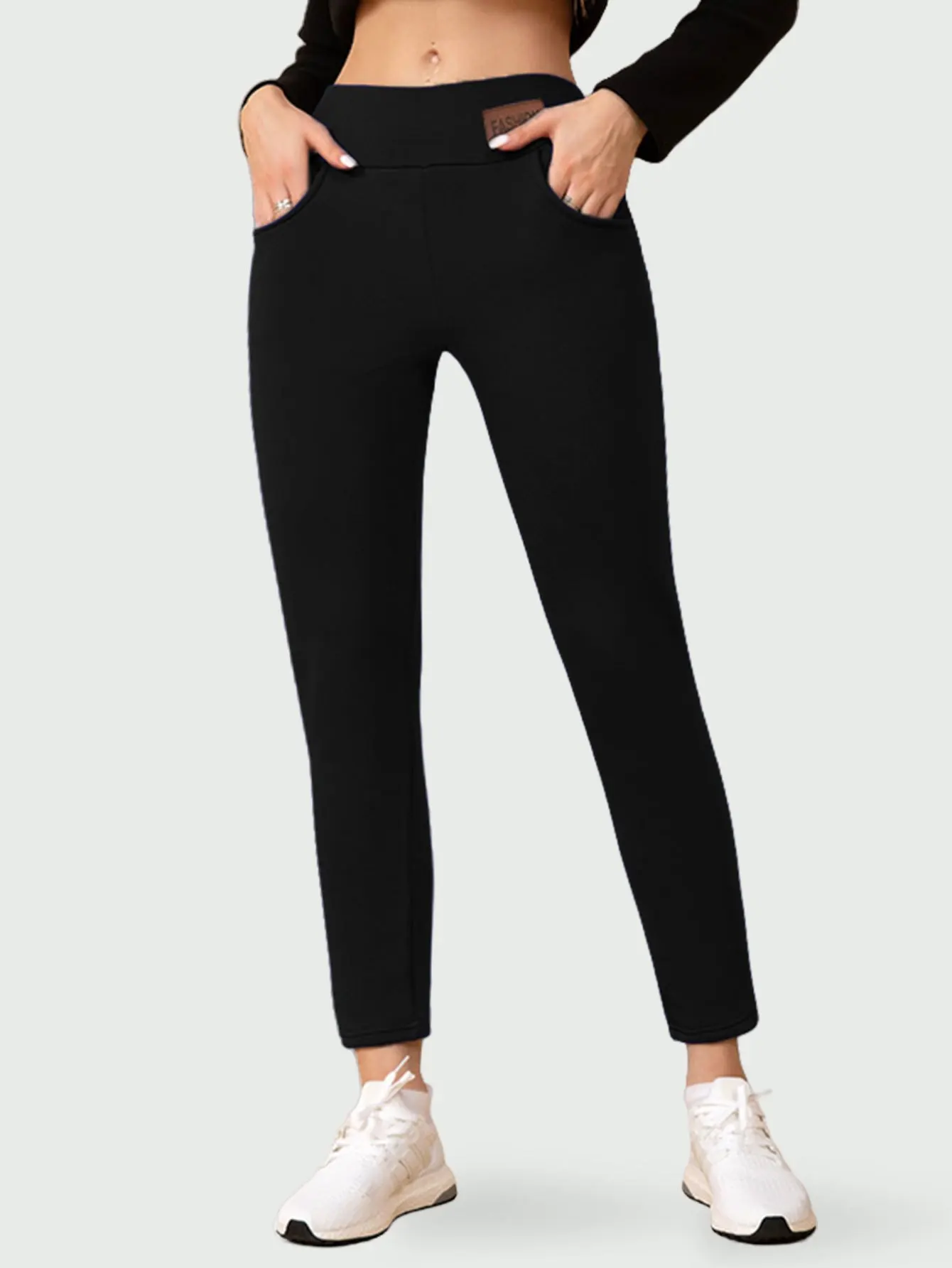 

1 шт. женские флисовые леггинсы с высокой талией — толстые зимние брюки с карманами, теплые леггинсы с контролем живота — можно стирать в машине