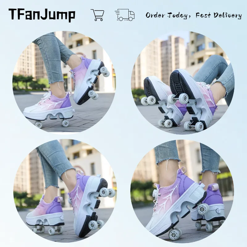 Deformation Roller Skates Shoes Double Row 4-Wheel Skates Roller Shoes with Wheels Dual-Purpose Roller Sneakers Skateboard Shoes