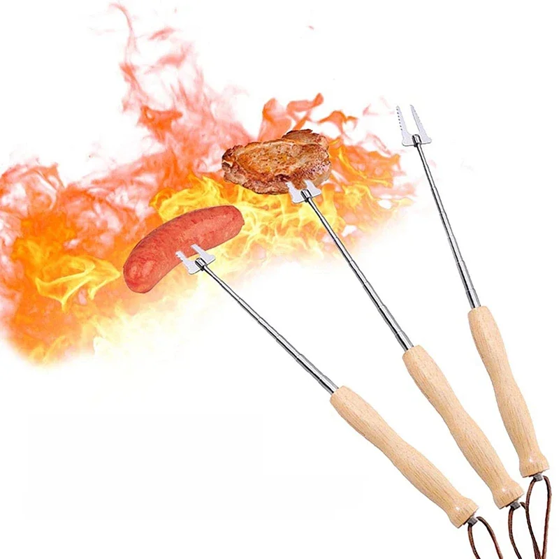 Brochettes de Barbecue de 80Cm, manche en bois en acier inoxydable, longue feu de camp télescopique extensible, fourchette de Barbecue, accessoires de Barbecue