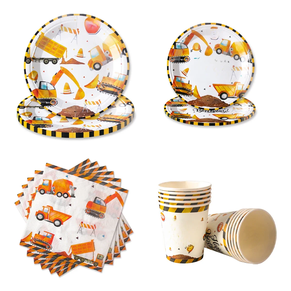 Fournitures de fête d'anniversaire de Construction, tracteur, pelle, assiette en papier, tasse, bannière d'anniversaire, camion, ballons en Latex pour anniversaire d'enfant