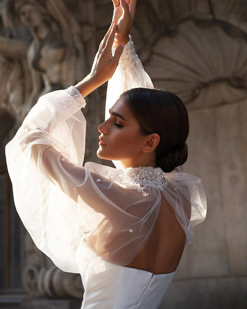 Msikoods Luxury Satin Wedding Dress with Beaded Pearls Jacket Customized Elegant Puff Sleeves A-Line Bridal Dress for Brides