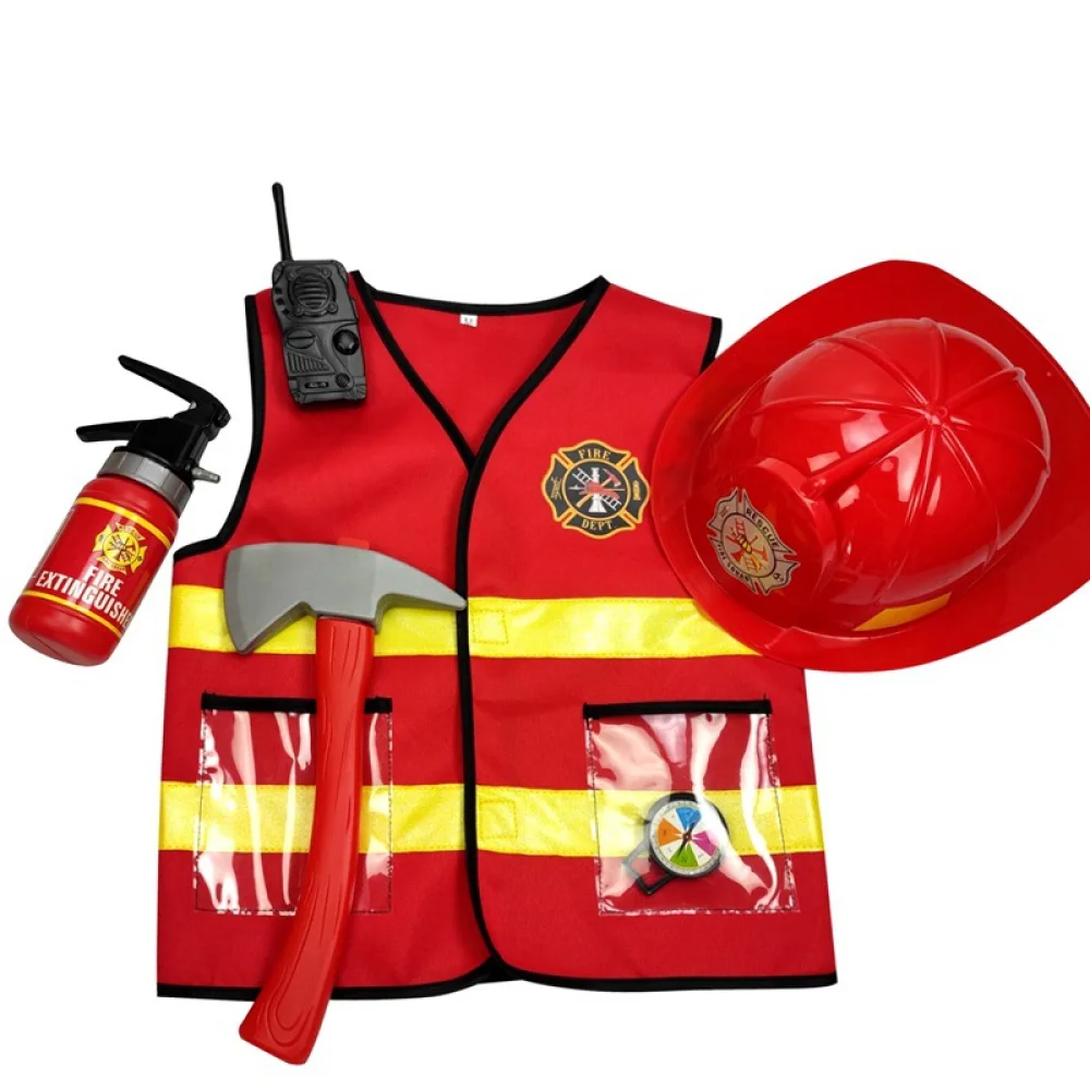 Fire Chief Role Play Costume Dress Up Set Pretend Fire Fighter Outfit With Realistic Accessories, Firefighter Costume For Kids