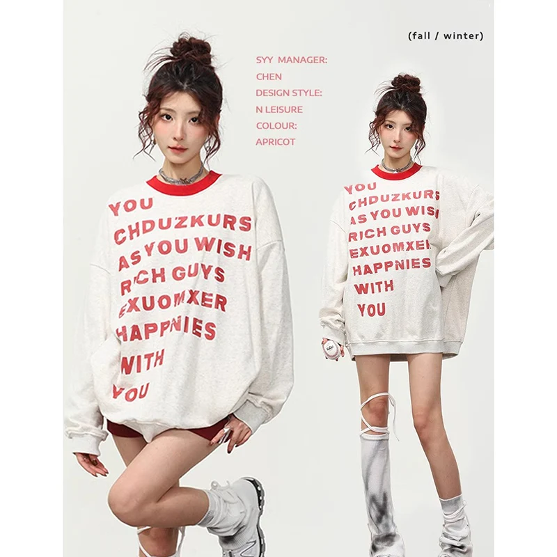 

Y2k New Women Oversized Sweatshirts Letter Print Hoodies Tops O-Neck Long Sleeve Autumn Winter Sweatshirt Pullovers