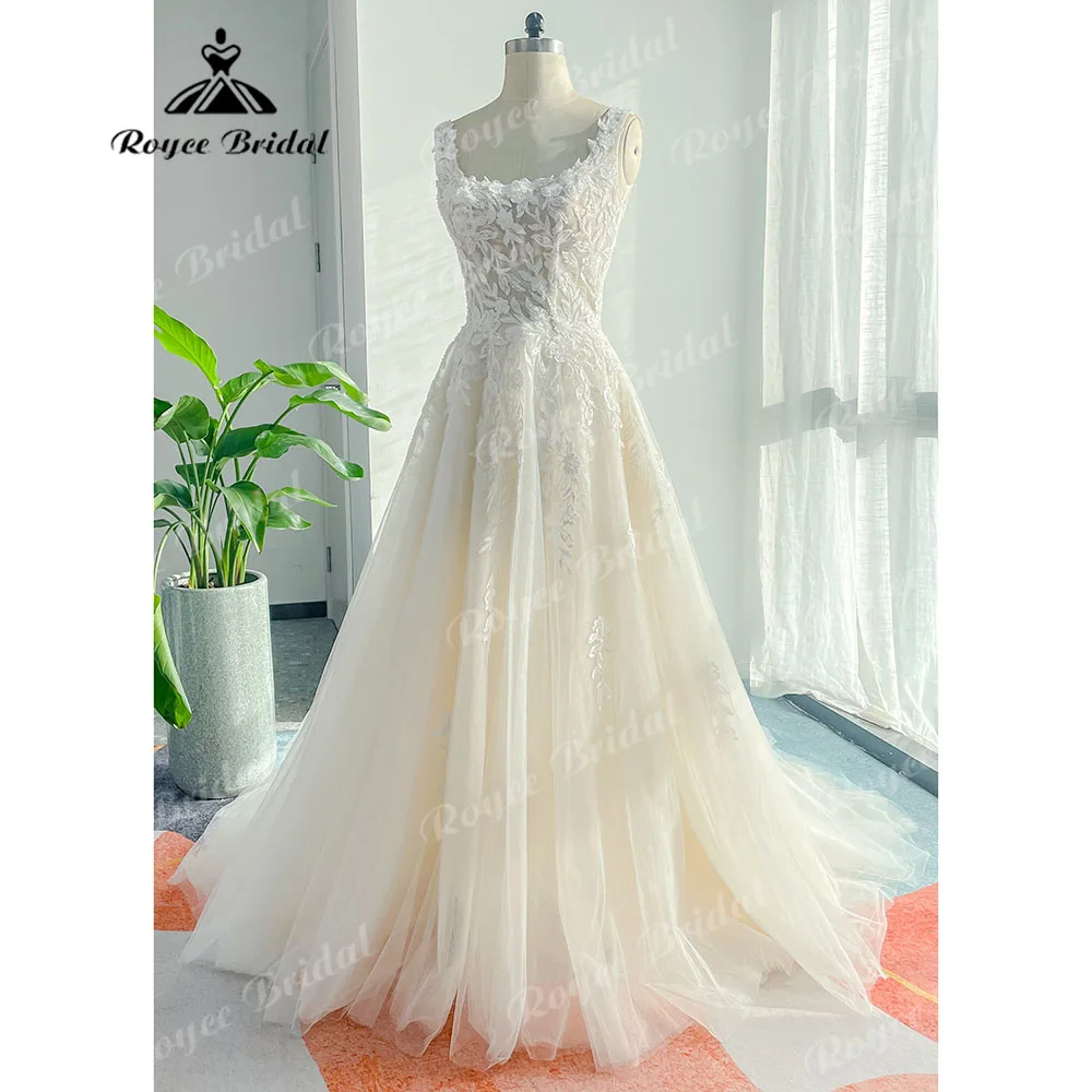 Abito da sposa senza maniche con applicazioni in pizzo con collo quadrato Vintage per donna 2024 abito da sposa con apertura sul retro Champagne abiti sposa