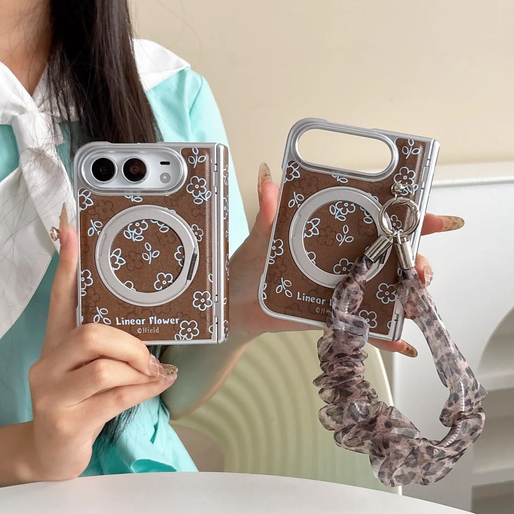 Korean Ins Retro Floral Brown Magnetic Phone Case for iPhone Duo Cover, Fashion Shockproof Protective Cases, with MagSafe Holder