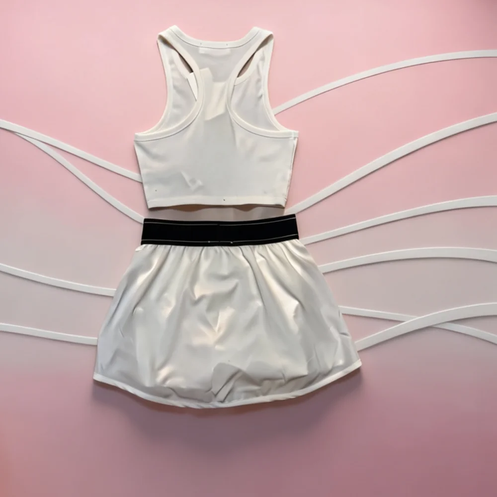 

2026 Women's 2 Piece Outfit White Racerback Crop Top + Mini Skirt Set Casual Sporty Tennis Suit 043