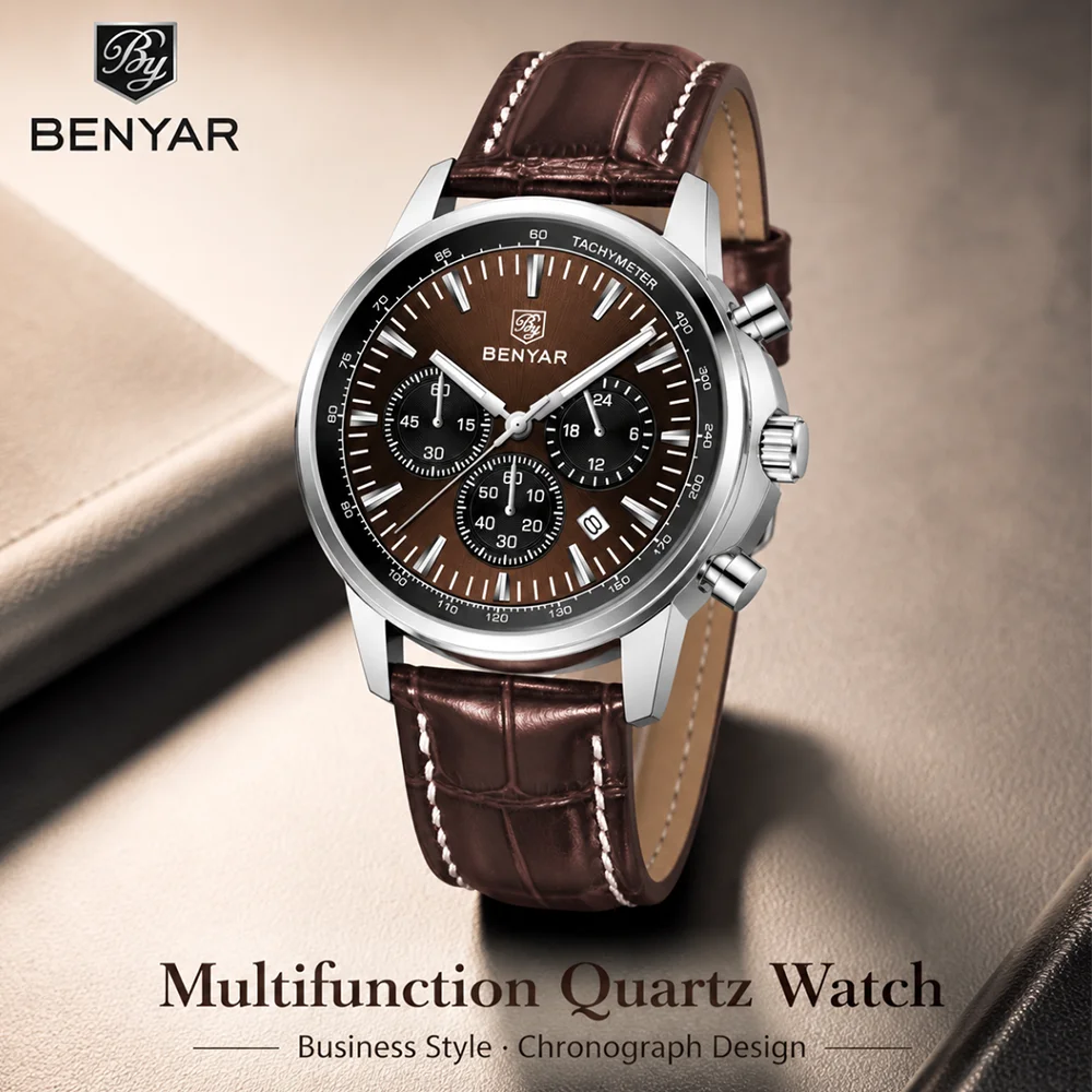 BENYAR Top brand multifunctional men's chronograph leather strap 30M waterproof men's business casual quartz watch