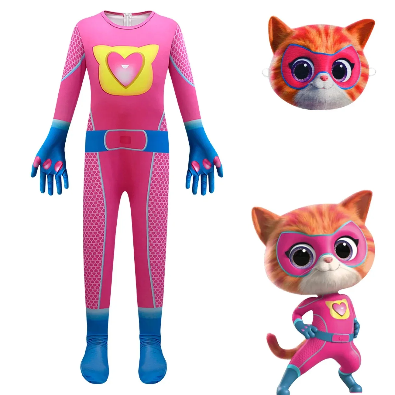 Neonato ragazzo cartone animato Super gatto Costume di Halloween tuta con maschera ragazze Kitties Cosplay per i bambini