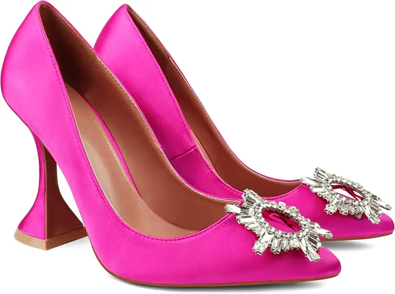 

Sexy Blue Pink White Stain Woman Spring Autumn Triangle Heel Diamand Pumps Pointed Toe Slip On Ladies Crystal Party Shoes
