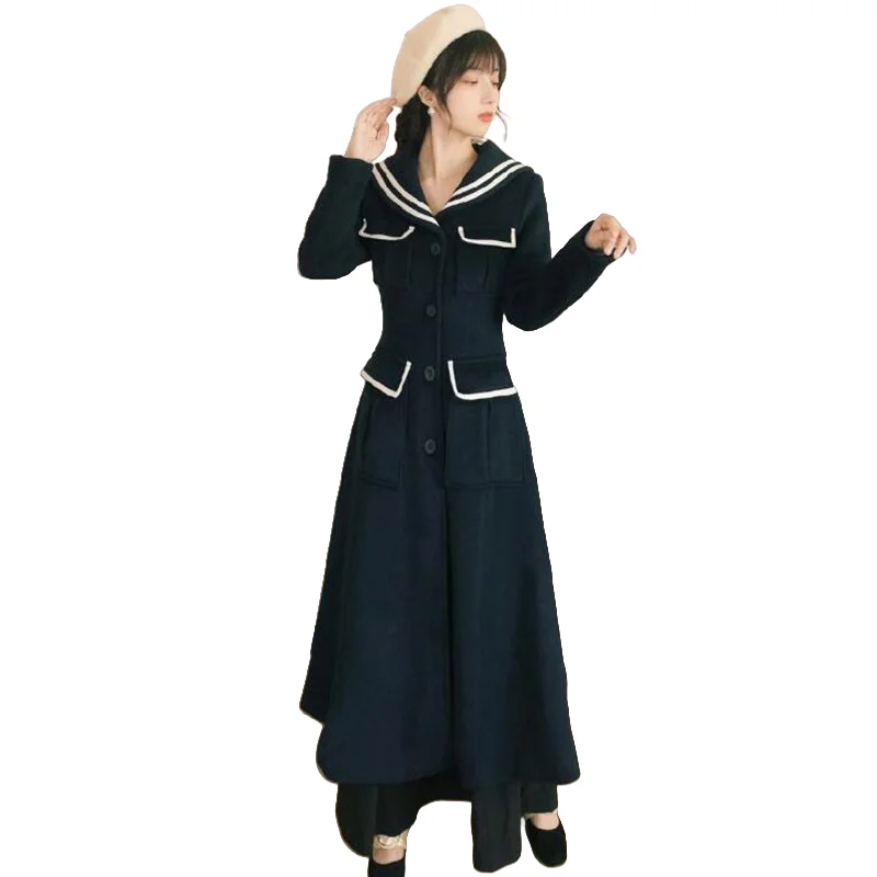 Women's autumn and winter French elegant dress navy collar long sleeve Vestidos Mujer Invierno long thick warm dress