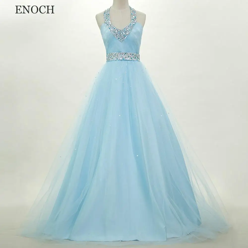 ENOCH Fashion Halter Beaded Prom Dresses senza maniche Backless Lace Up a-line abiti da festa New Robe De Soirée Summer Sweep Train