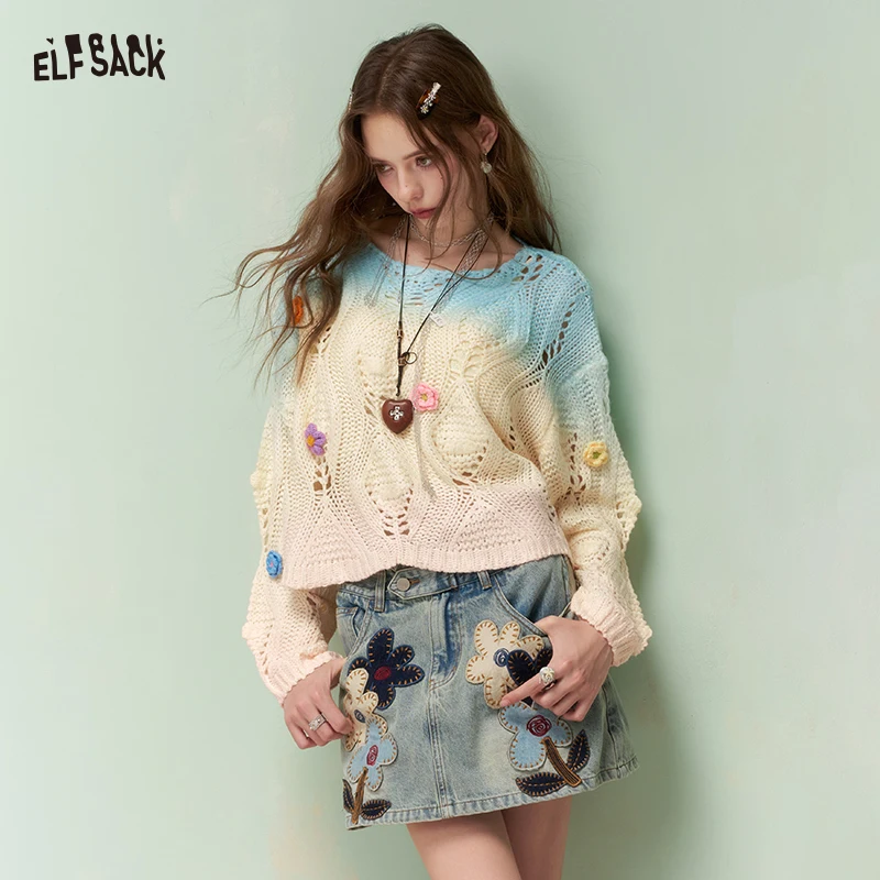 ELFSACK Gradient Dip-Dye Knit Sweater with 3D Crochet Floral Appliqué, Romantic Sheer Diamond Mesh Soft Fuzzy Top for Women