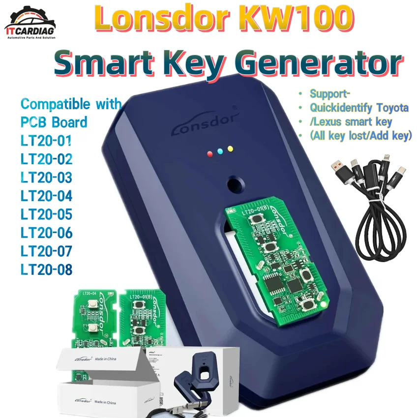 Генератор Smart Key Lonsdor KW100 BT, совместимый с печатной платой LT20-01 to LT20-08. для всех потерянных клавиш и добавления клавиш. Быстрая идентификация.
