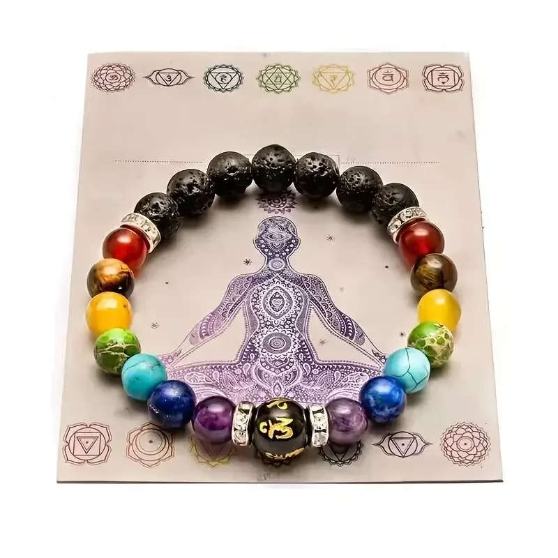 Bracelet 7 chakras avec carte de signification pour hommes et femmes, 2 pièces, cristal naturel, guérison, anxiété, bijoux, Mandala, Yoga, cadeau