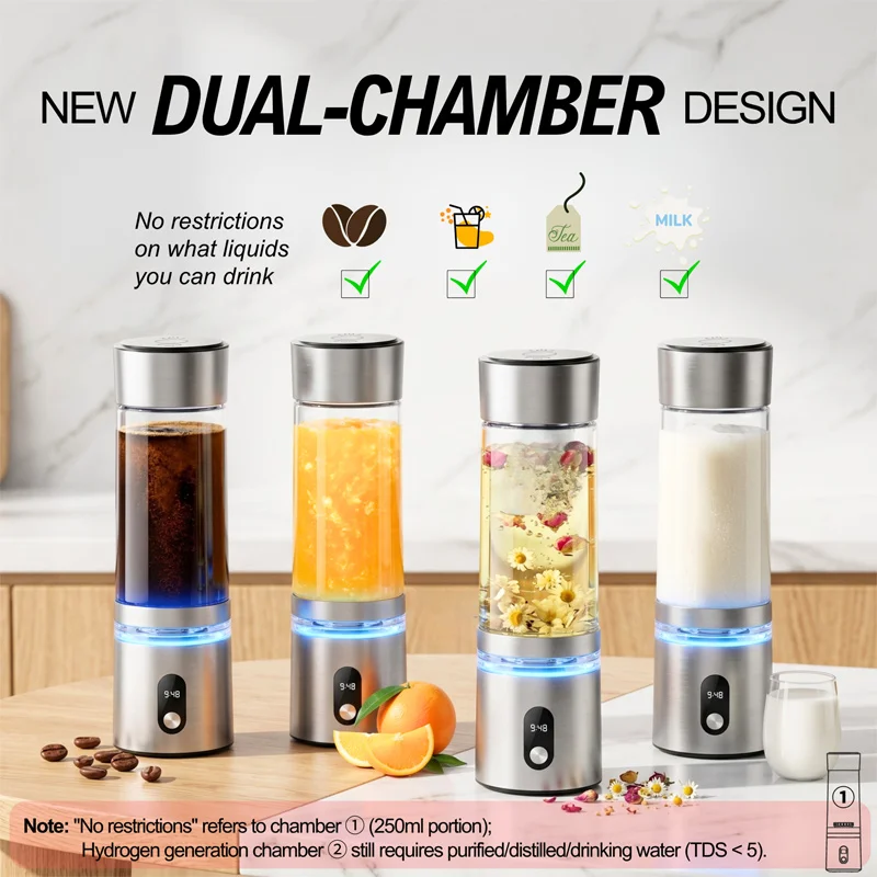 Dual Chamber SPE PEM Hydrogen Water Bottle Generator 3000ppb N117 Membrane Portable H2 Cup for Any Water Quality Coffee Tea Juice Tritan Rechargeable Electrolysis Maker with LED Display 250ML