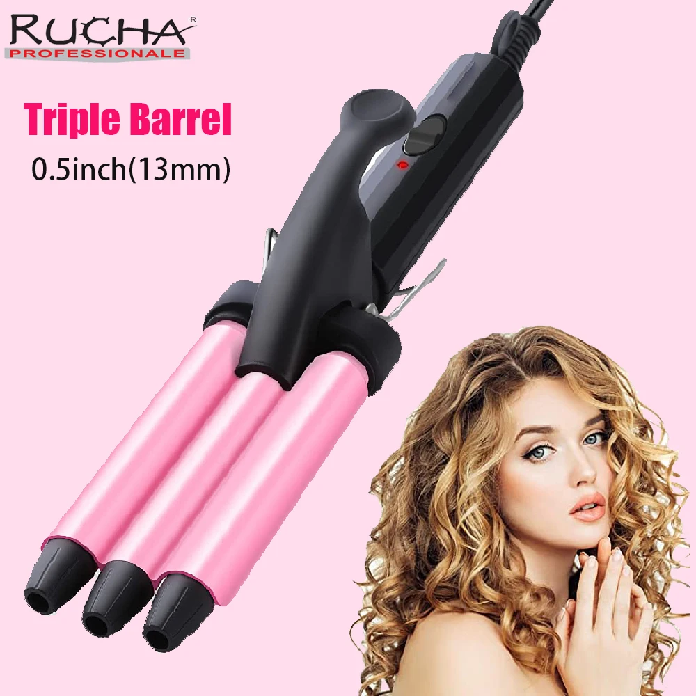 

RUCHA Mini Three Barrel Hair Curler Iron Curling Wand 13mm for Home and Travel Ceramic Tourmaline Hair Waves Curls