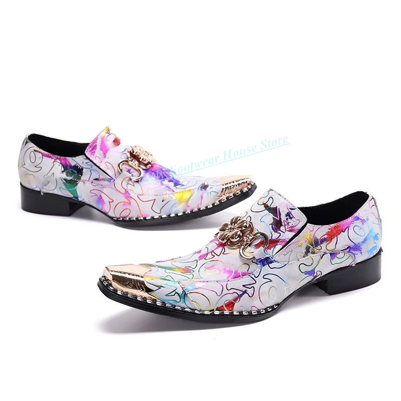 

Elegant Men Genuine Leather Dress Shoes Metal Pointed Toe Male Slip On Party Wedding Purple Blue Business Shoes