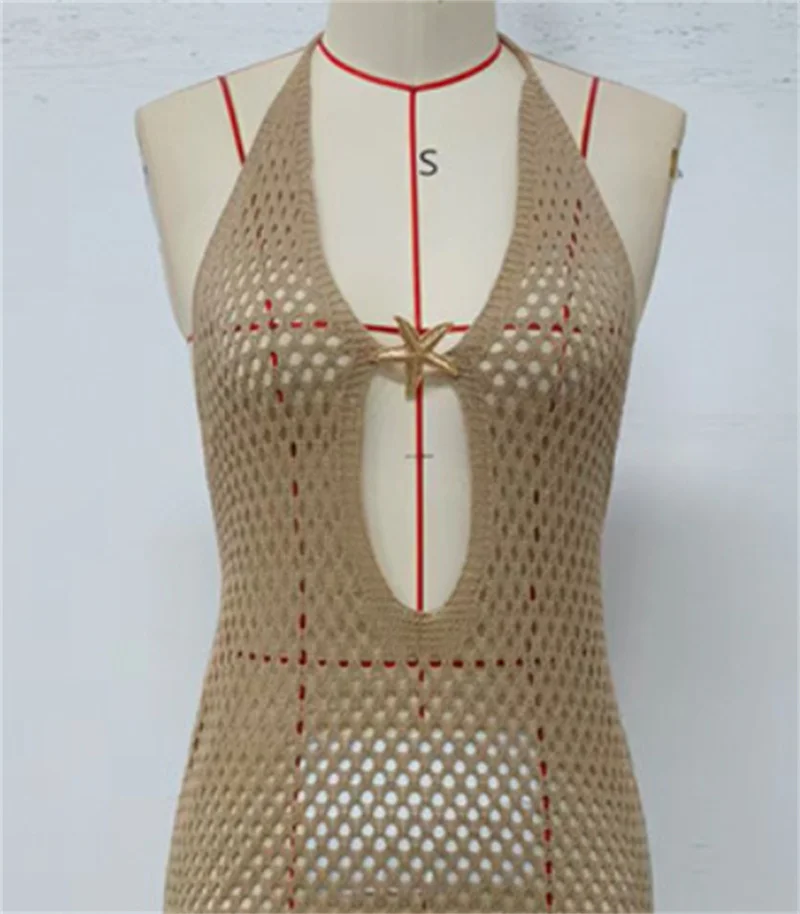 Sexy Halter-Backless Aushöhlen Strickkleid Frauen Seite Schlitz Strand Kleid Sheer Häkeln Bikini Cover-Up Badeanzug Weibliche bademode