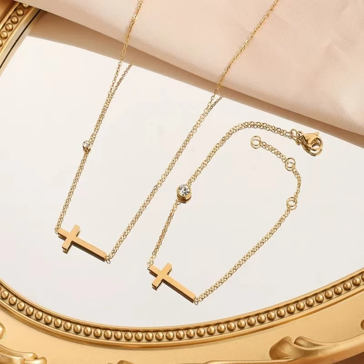 Stainless Steel Necklace Bracelet for Women Vintage Style Gold Color Cross Shape Women's Necklace Ladies Jewelry Party Gift image 2