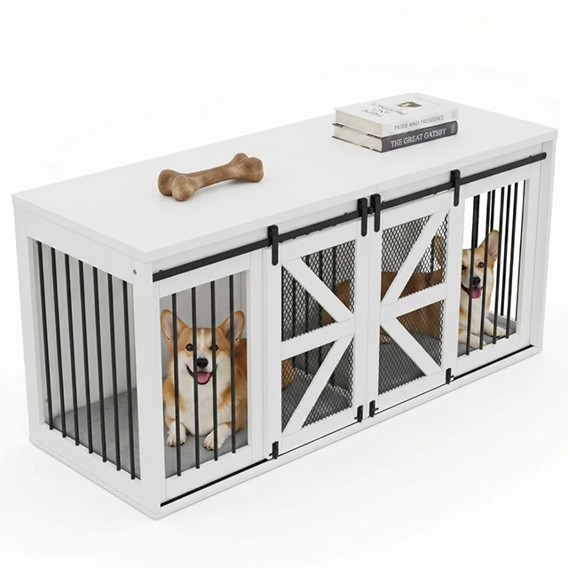 Hondenkooi met staldeur, metalen kooi en ecologische vezelplaat, kooi voor twee honden, met vaste tussenwand, schuifdeur in stalstijl, afgewerkt met ademend gaas, 160x60x75 CM, witte kleur.