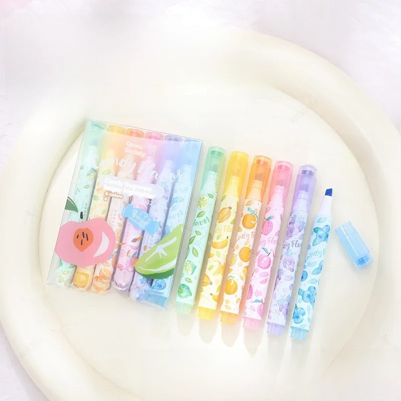 Ensemble de surligneurs de sceau de timbre amusant, 6 couleurs, stylo marqueur à pointe ciseau de parfum, Macaron Pastel, couleurs assorties pour papeterie mignonne Kawaii