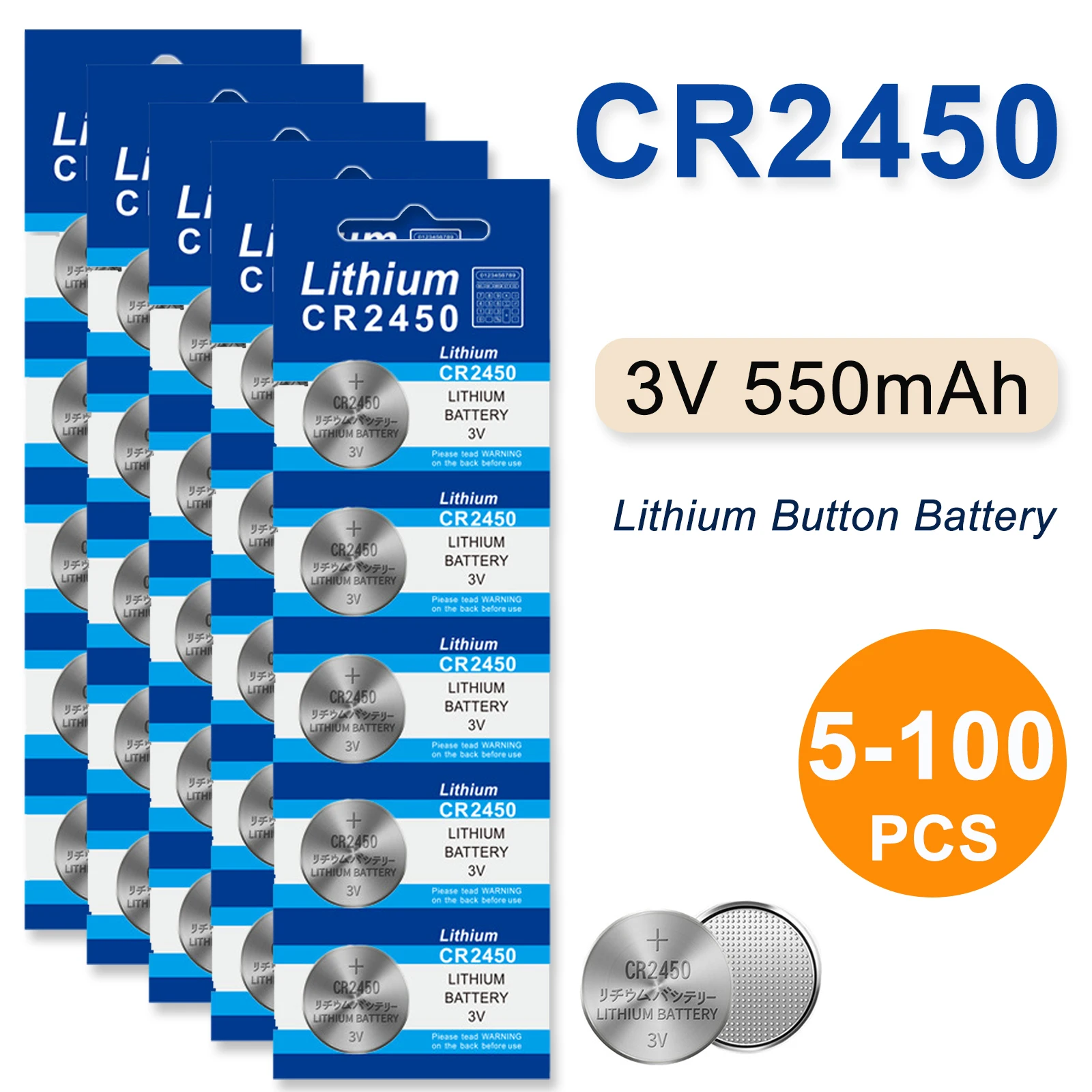 5-100Pcs 3V CR2450 Lithium Button Battery For Car Remote Electronic Scale TPMS 550mAh Durable Coins Cell Battery DL2450 ECR2450