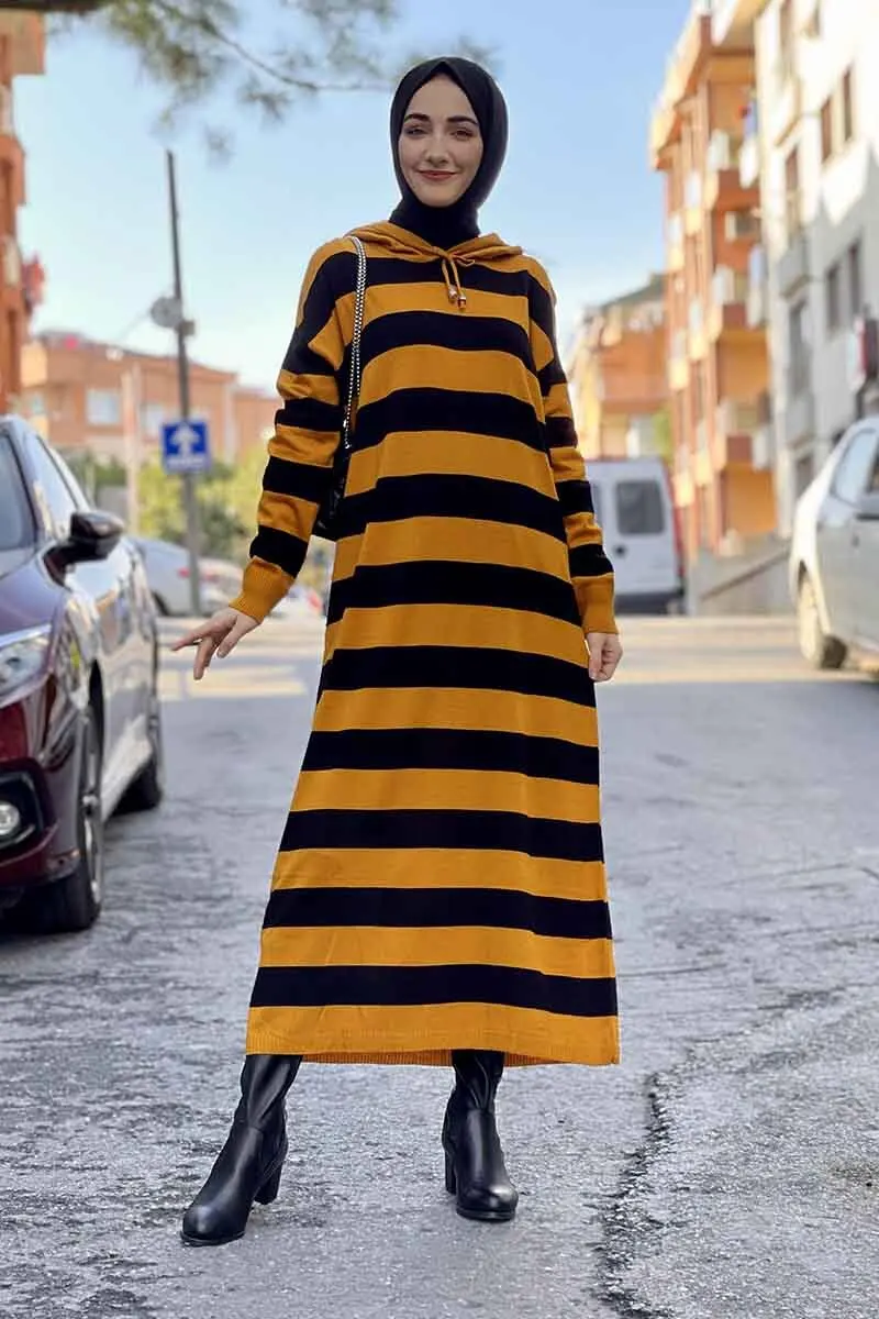 Striped Hooded Knitwear abaya winter jacket long Knitwear Dress standard size mesh cold sweater Muslim Dubai Arab abaya Turkish women set