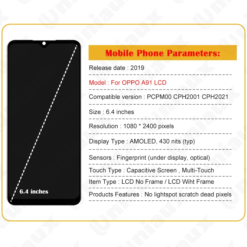 6.4\'\' Original AMOLED For OPPO A91 LCD PCPM00 CPH2001 CPH2021 Display Touch Screen Digitizer For OPPO A91 LCD Screen Replacement