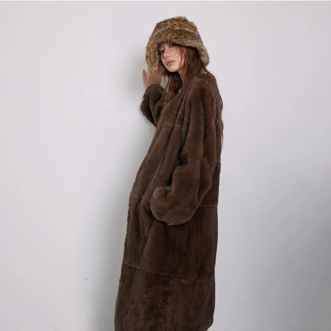 115cm Long Real Rex Rabbit Fur Coat V-neck Women Winter Fashion Wholeskin Genuine Rex Rabbit Fur Coats Luxury Outwear Woman