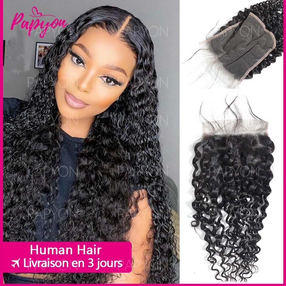 PAPYON 4x4, chiusura in pizzo con onde profonde, solo capelli umani ricci, chiusura in pizzo realizzata a mano, capelli umani con effetto naturale e ciuffetti di capelli a livello del cuoio capelluto.