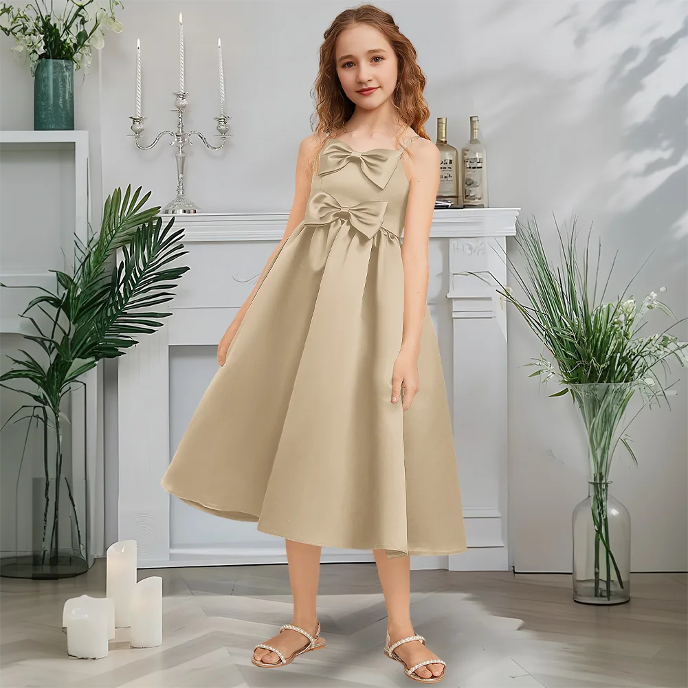 

Designer A-Line Junior Bridesmaid Dress Twilight Navy Bow Flower Girl Dress Sweetheart Tea-Length Satin Garden Gala Wedding