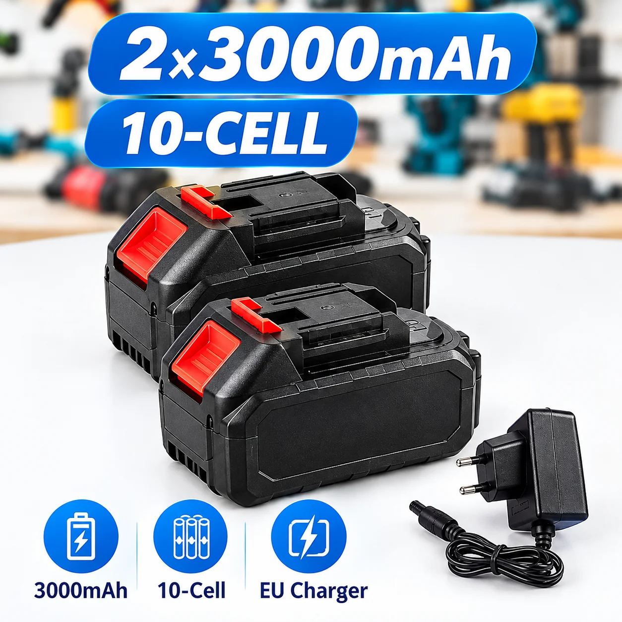 2 sztuki akumulatorów 3000 mAh, 10 ogniw, do wielokrotnego ładowania, w zestawie z ładowarką europejską, zamiennik akumulatora kompatybilny z bezprzewodowymi narzędziami Makita 18 V.