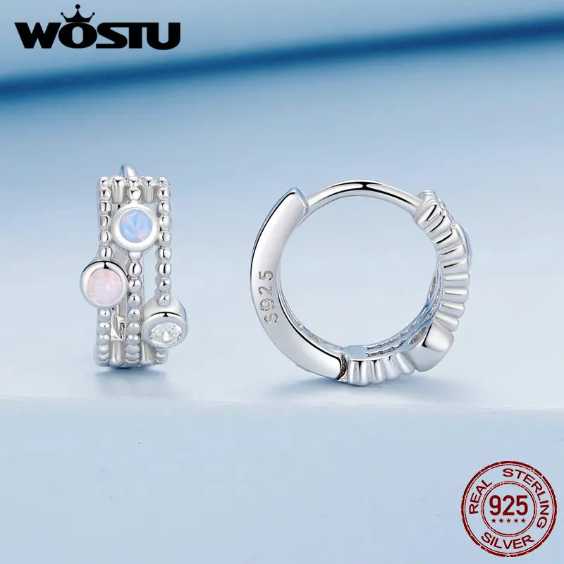 WOSTU 925 Sterling Silve Dewdrop Beads Ear Clips Blue Opal Ear Hoop for Women Girl Original Jewelry Delicate Birthday Party Gift