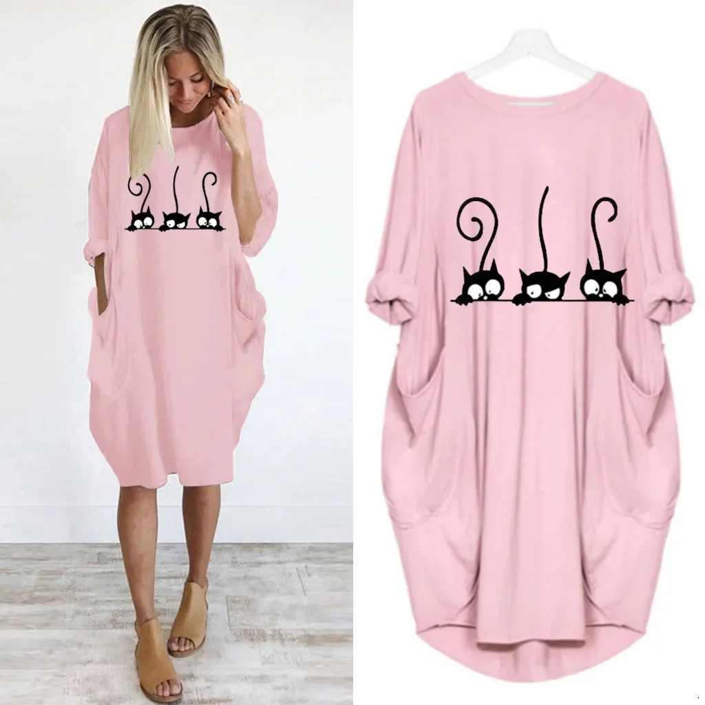 Damska luźna sukienka z długim rękawem Letnia sukienka Plus Size Jesień Zima Casual Okrągły dekolt Jednolity kolor Kieszeń z długim rękawem Luźny Pullove — zdjęcie 2