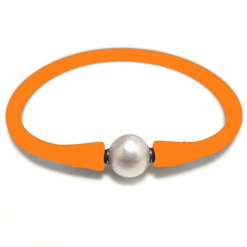 Wholesale 7.5 inches 10-11mm Natural Round Pearl Apricot Rubber Silicone Bracelet