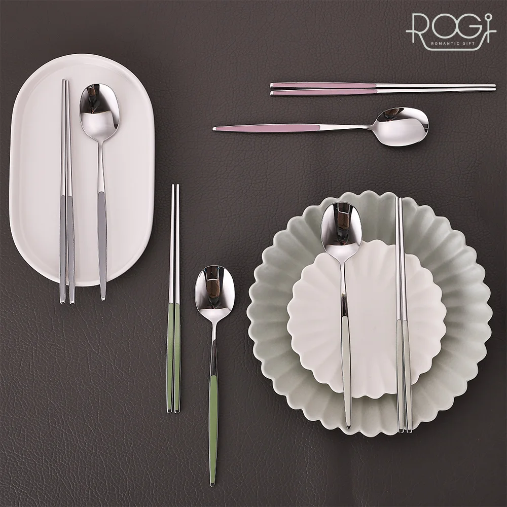 Rogi Colo Ceramic Cutlery Set (White Cream + Mud Grey + Indian Pink + Olive Green) - Chopsticks, Spoons, Beautiful Tableware