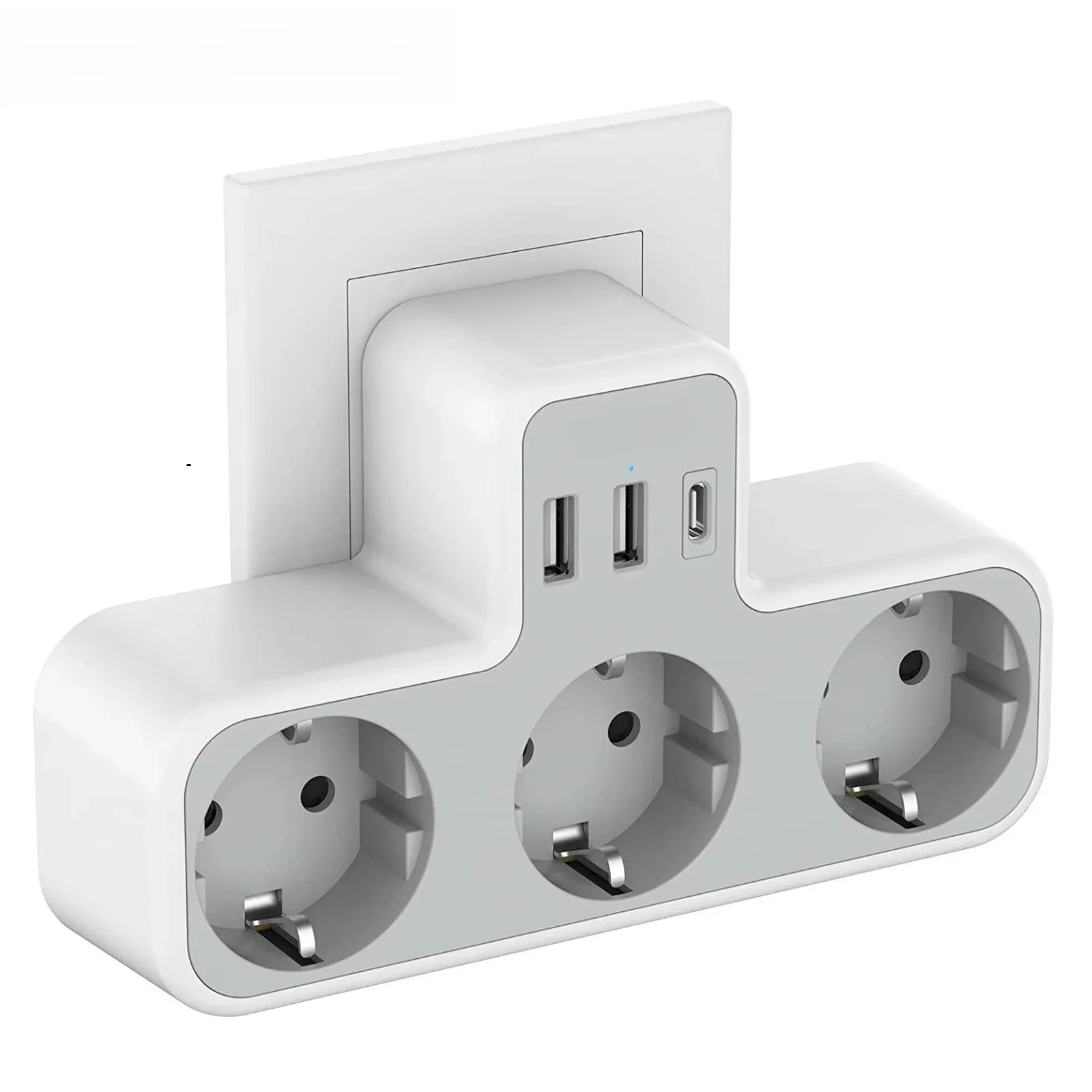 TESSAN EU Plug Power Strip com 3 tomadas AC + 2 portas USB + 1 tipo C, adaptador de tomada 6 em 1