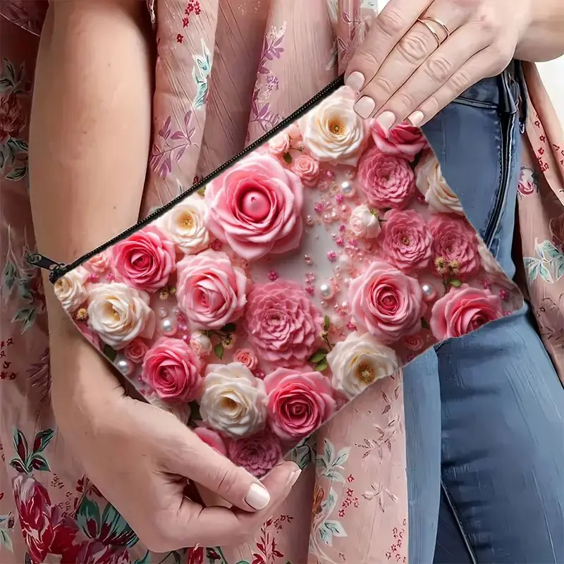 1Pc Spring and Summer Pink and White Rose Floral 2D Flat Retro Design Multifunctional Travel Makeup Bag, Snack Storage Bag, Stationery Storage Bag, Fashionable Toiletry Bag, Canvas Double-Sided Printed Zipper Pouch