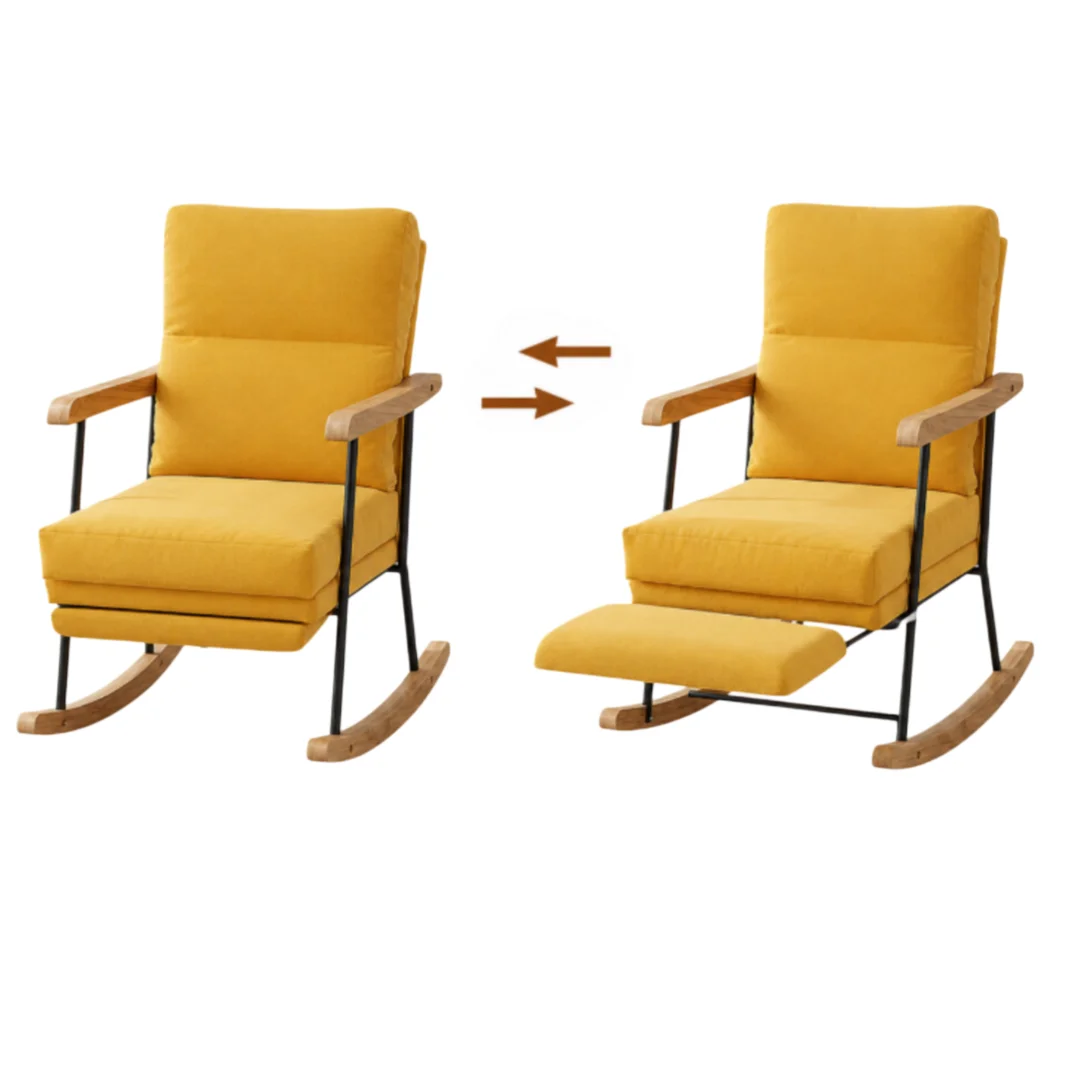 Fauteuil à bascule rembourré jaune/gris avec repose-pieds, accoudoirs en bois, structure en métal, chaise de relaxation pour salon