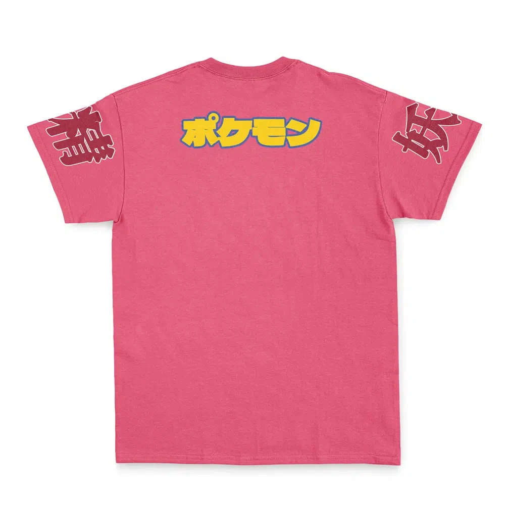 Men's Pink Pokemon Fairy Type Sylveon Clefairy Anime Japanese Kanji Sleeve Print Crew Neck T-Shirt, Cute Otaku Streetwear Short