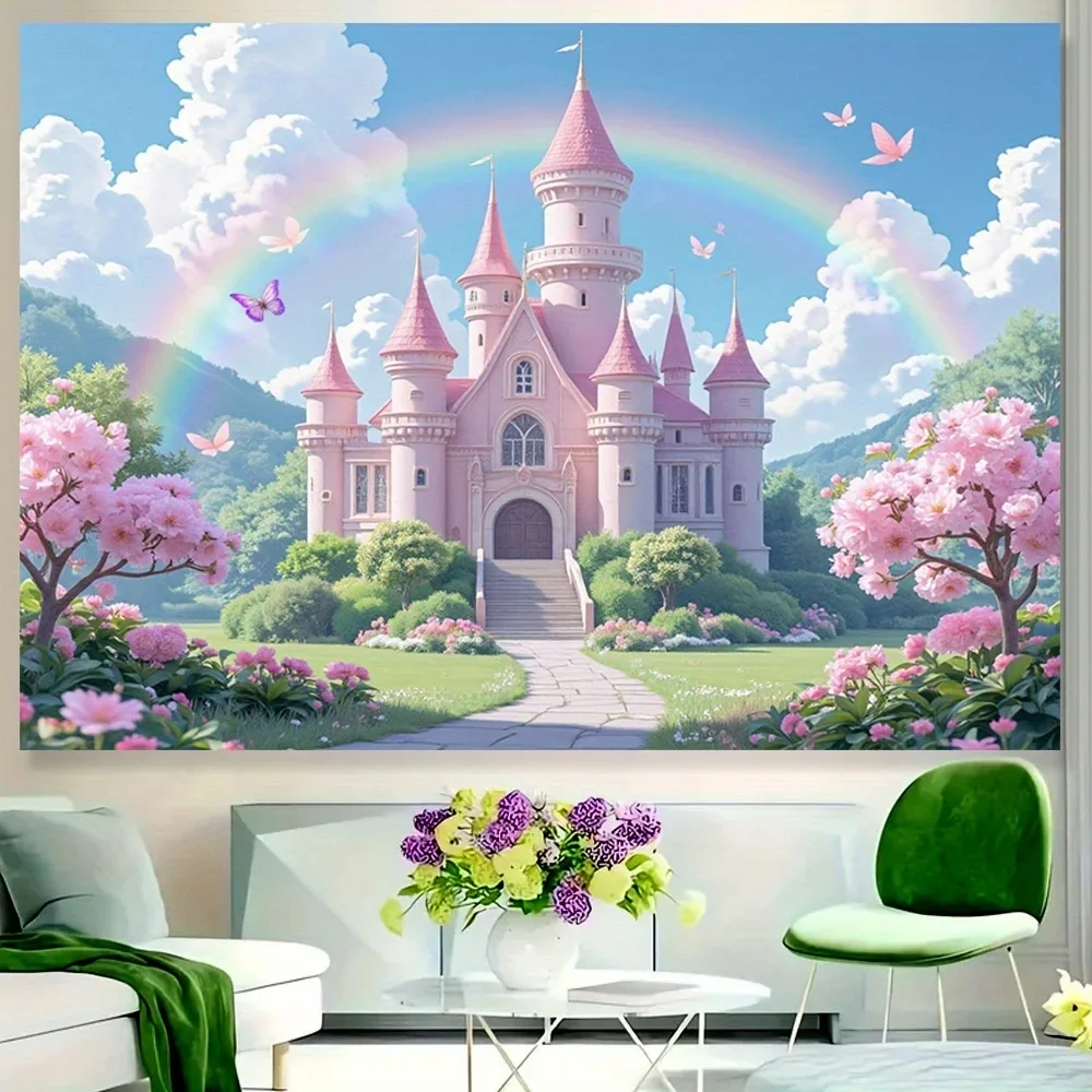 Tapisserie de château rose enchanteresse – Tenture murale magique arc-en-ciel et fleur de cerisier, adaptée à la décoration de crèche et de chambre à coucher