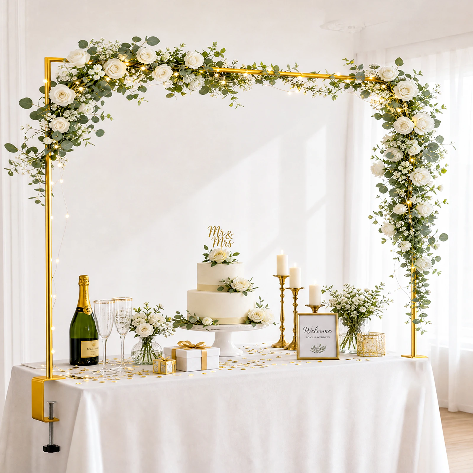 Supporto ad arco regolabile per tavolo, cornice decorativa in metallo dorato per tavolo, supporto per decorazioni da tavolo, arco da tavolo portatile con sistema a morsetto, ideale per matrimoni,