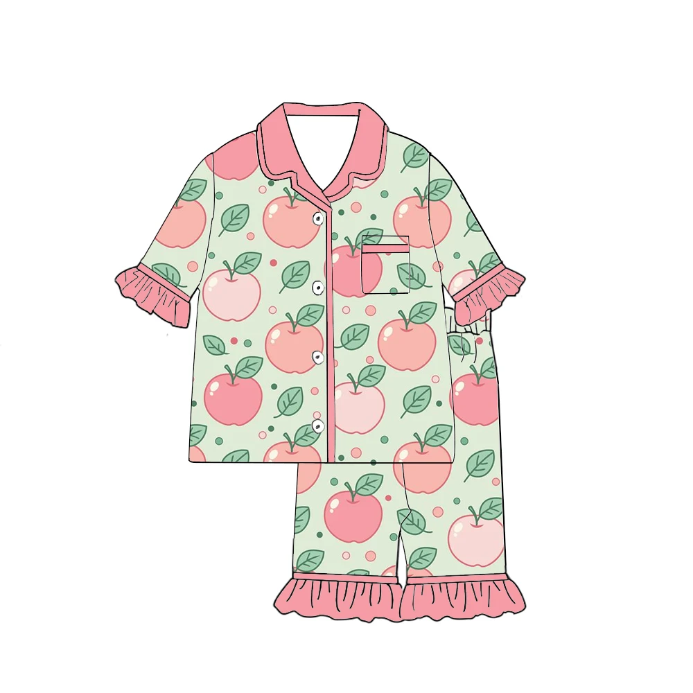 Boutique children's pajama set Apple and Lemon print lapel short-sleeved shirt and shorts ruffled buttons pocket custom