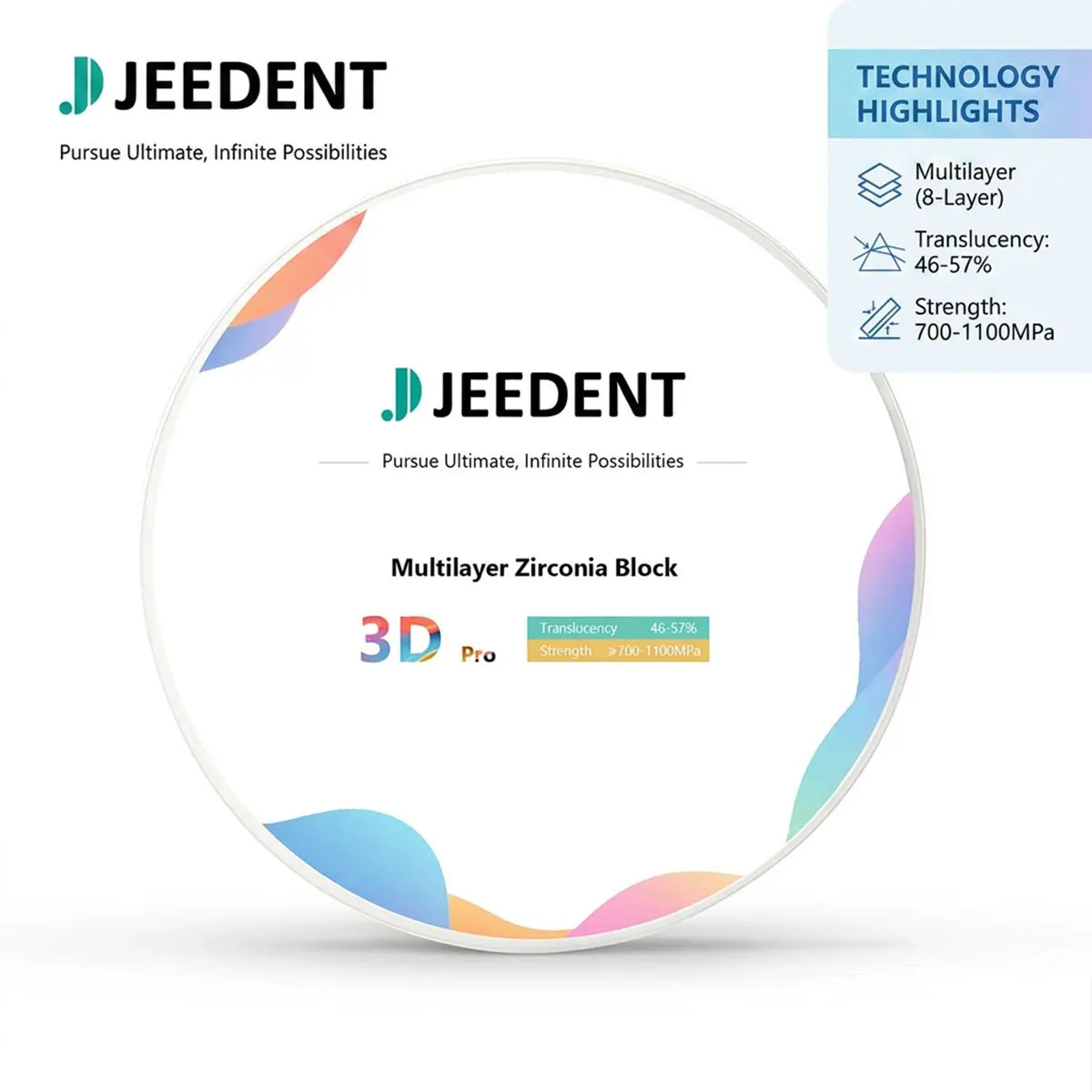 JEEDENT 3DPRO 8-Layer Multilayer Zirconia Disc 98mm for Open CAD CAM System 46-57% Translucent Zirconia Block 700-1100MPa Crowns