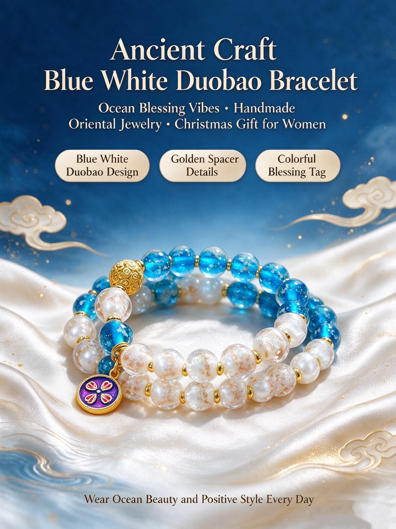 Women Vintage Boho Blue Clear Glass Bracelet, Hand Polished Beads, Embedded Gold Foil, Positive Vibe Jewelry, Xmas Gift for Daily Wear
