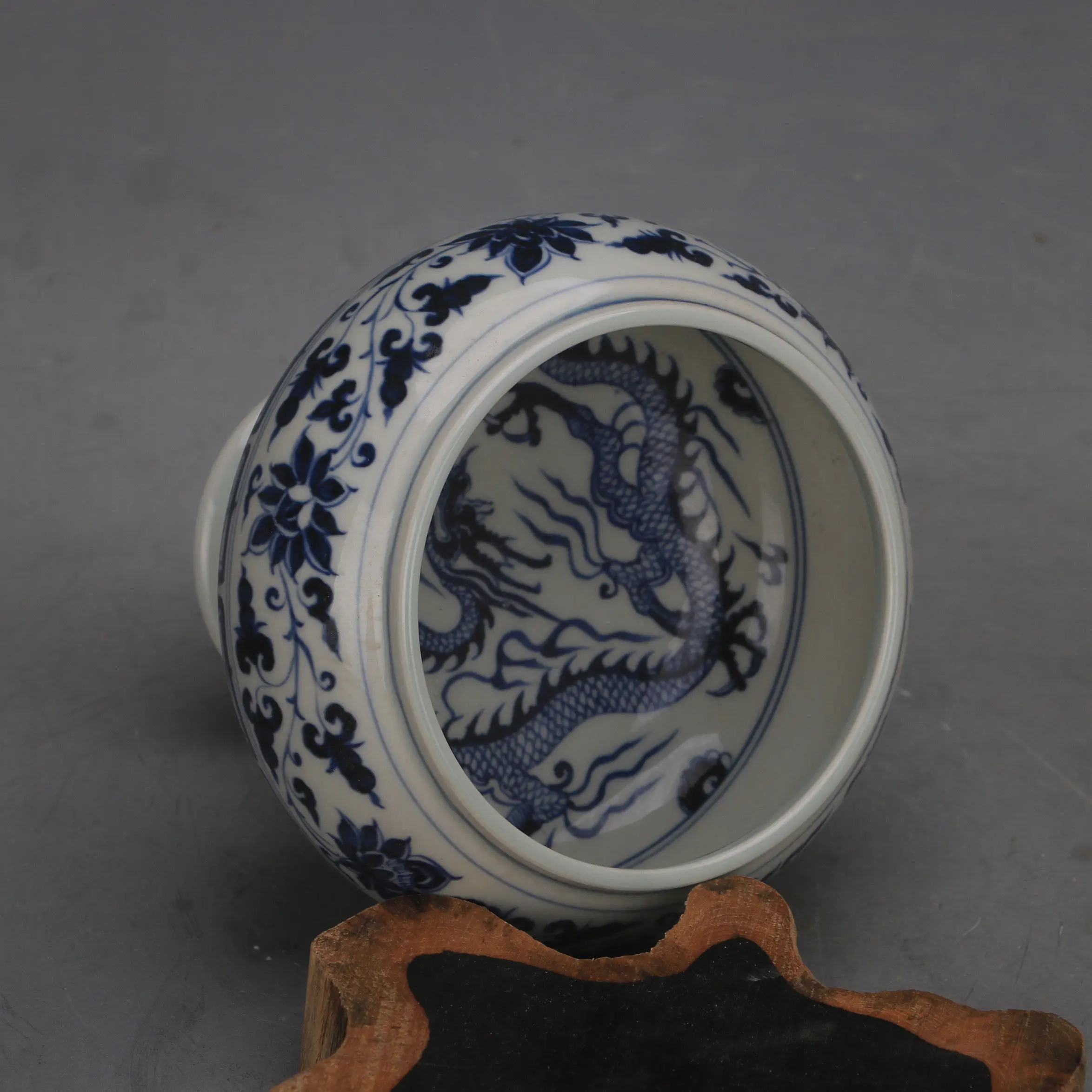 Great High Foot Incense Burner Yuan Dynasty Style Blue White Porcelain Lotus Scroll Hand Painted Vintage Home Decor Collectible