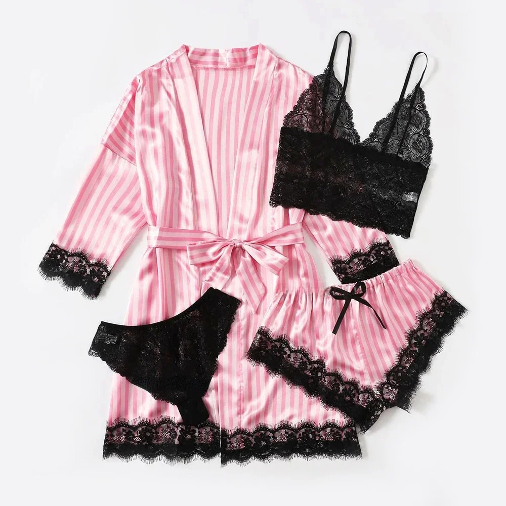 Ensemble de pyjama en satin avec bordure en dentelle florale pour femme, vêtements de nuit décontractés, robe sexy, faux pyjama, vêtements pour la maison, 4 pièces