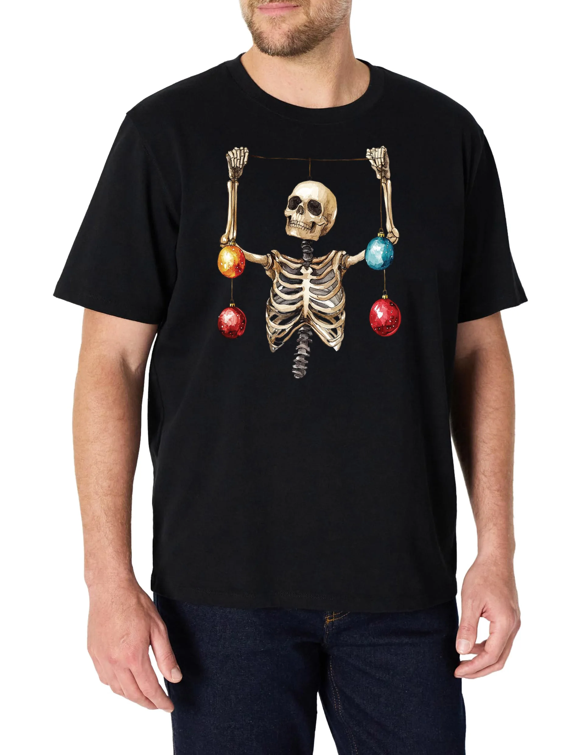 تي شيرت رجالي بتصميم مطبوع على شكل جمجمة، أسود بأكمام قصيرة ورقبة دائرية، 100% قطن